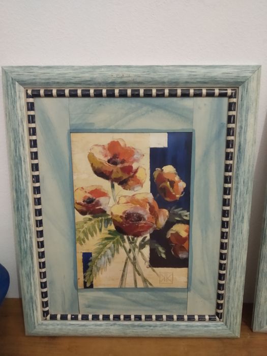 Conjunto 3 quadros pintados tema floral com moldura incluída