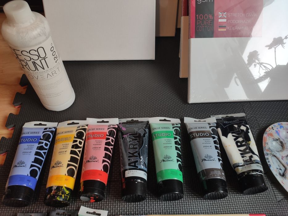 Zestaw do malowania- dla początkującego malarza. Płótno, farby, pędzle