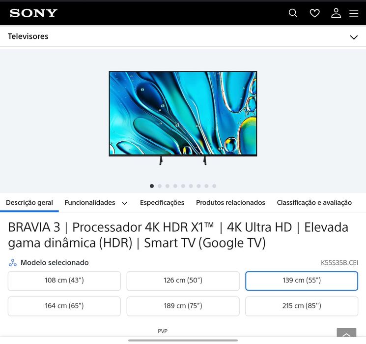 Smart TV Sony BRAVIA 3 55" (K-55S35B.CEI) - 4K HDR / Google TV - Novo