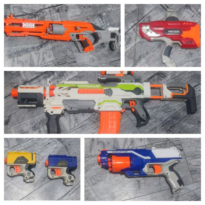 Pięć sztuk Nerf - pistolety,karabin,strzelba, łuk + strzałki