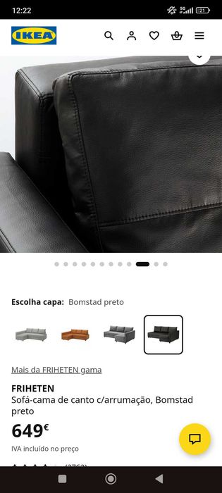 Sofá-Cama IKEA FRIHETEN Bomstad Preto c/ Arrumação - Como Novo