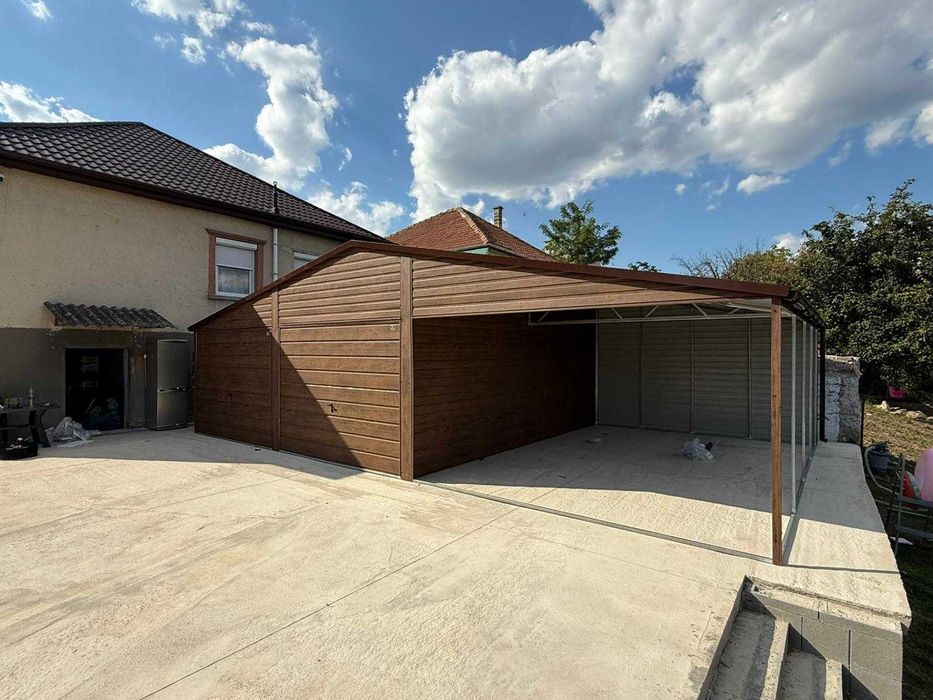 Garaż blaszany 6×5m z wiatą 5x5m dach dwuspadowy, Ciemny Orzech