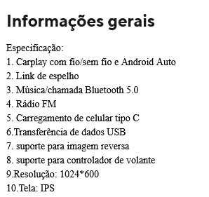 autorádio gaveta 1din mas ecrã com 7" sem fio android auto carplay NOVO