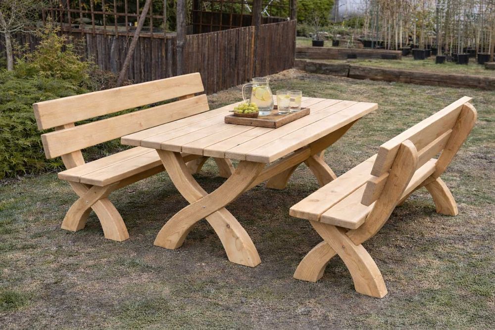 Meble ogrodowe biesiadne drewniane ZESTAW stół + 2 ławy do ogrodu