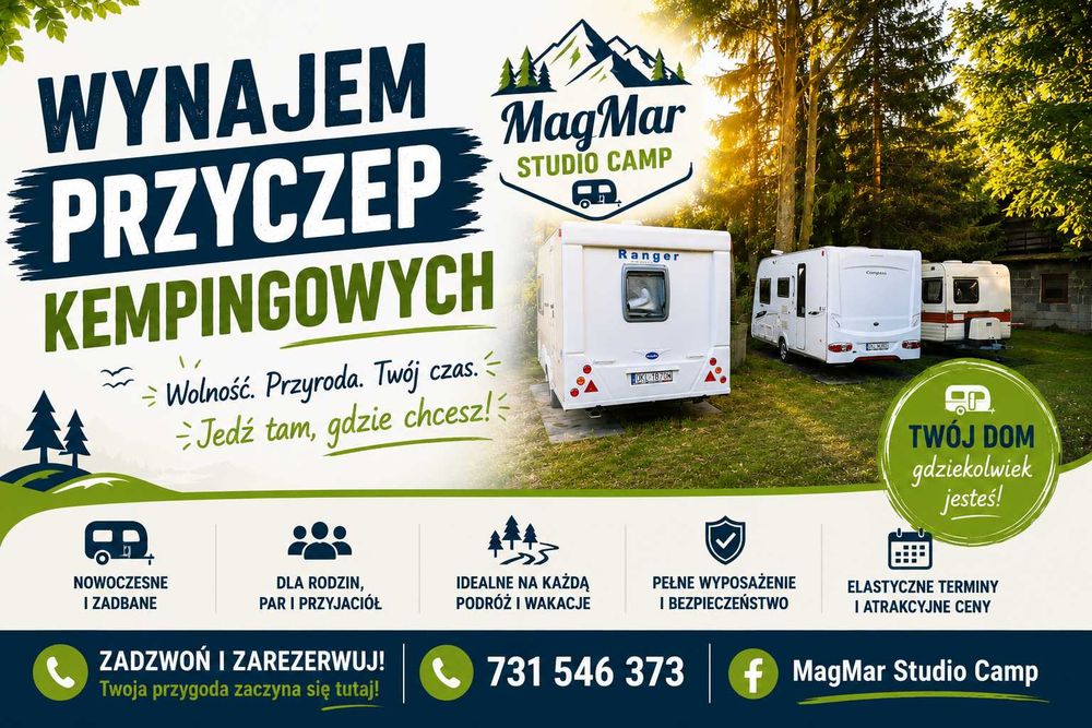 Wynajem komfortowych przyczep kempingowych DMC 1450,lub 1130 Mover, duża łazienka- Gród Byczyna