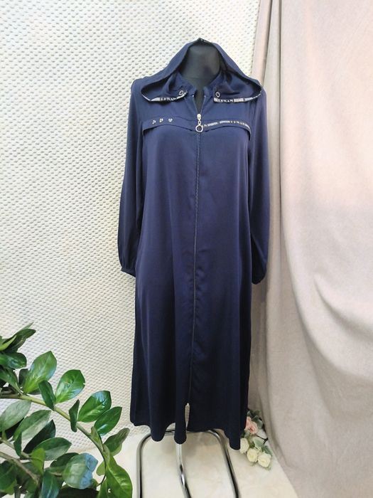 Długi granatowy jesienny damski płaszcz z kapturem r. XL/XXL 42/44