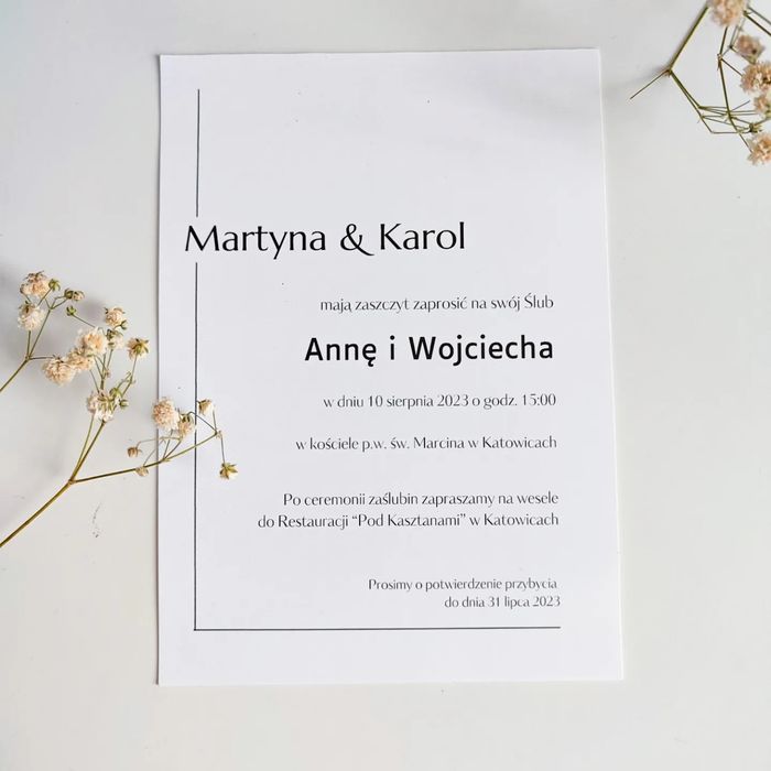 Zaproszenia ślubne na ślub minimalistyczne jedno kartkowe