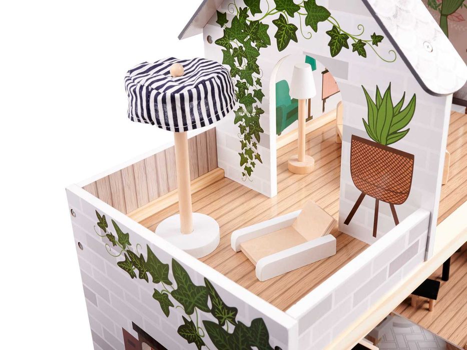Domek dla lalek drewniany + mebelki 78cm oświetlenie LED FLORO boho