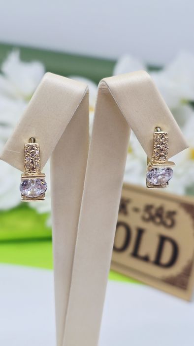 Złote kolczyki angielskie zapięcie białe cyrkonie próba 585 14k Używan