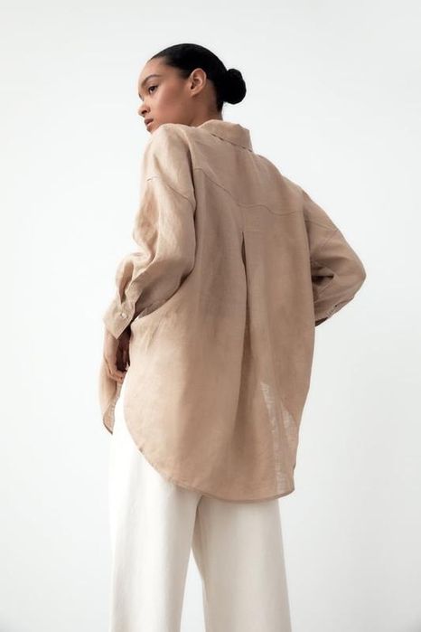 Льняная песочная рубашка оверсайз Zara лён
