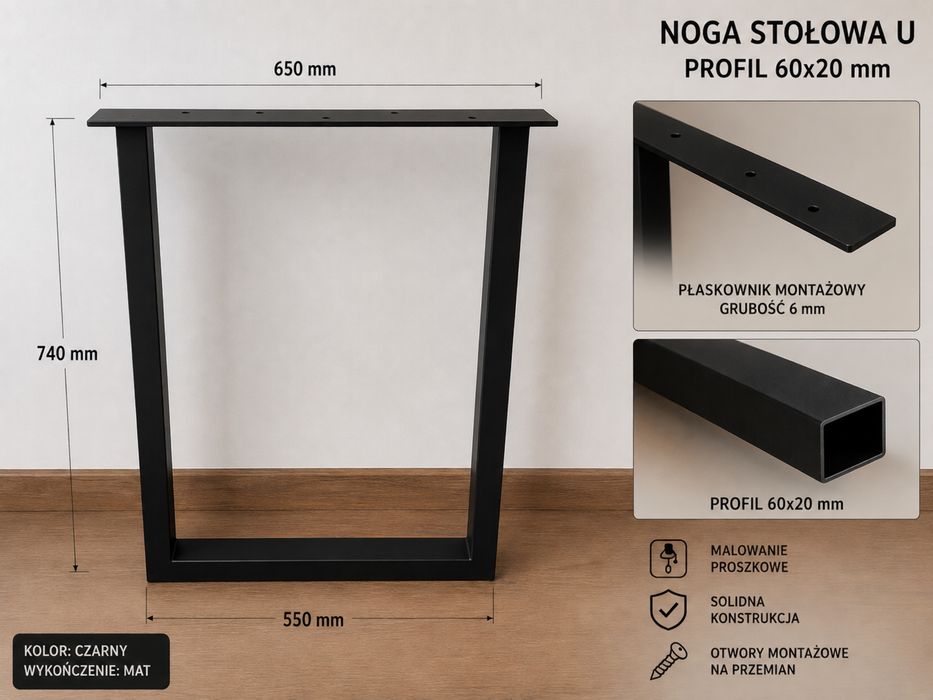 Nogi do stołu loft U 740x550 mm | Profil 60x20 | Malowanie proszkowe