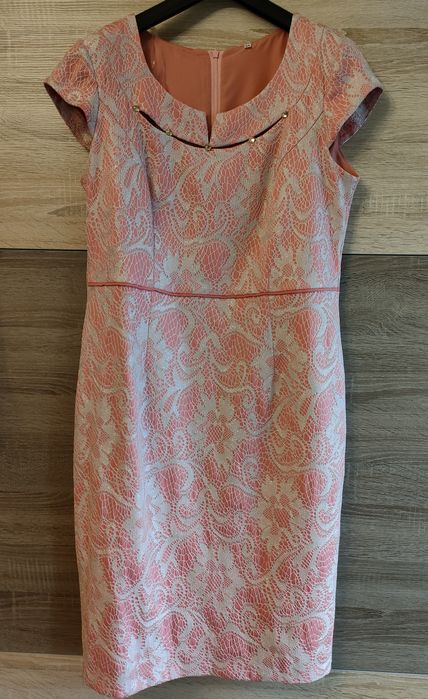 Komplet wizytowy: Sukienka i marynarka/ żakiet, koralowy, Diana, r.42