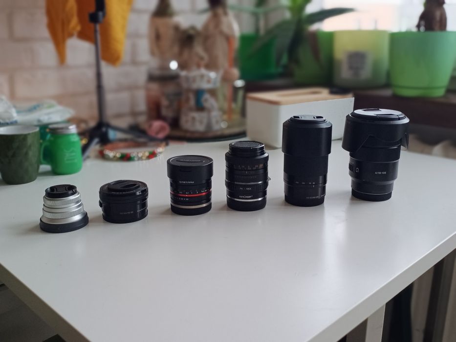 Sony Aps-C  zestaw obiektywów 55-210,18-105,16-50 ,50 1.4,25 1.8,8 2.8