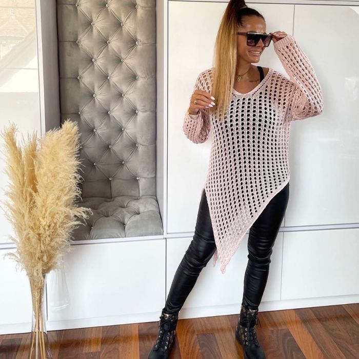 Sweter Ala Ola Voga Ażurowy -siatka -narzutka-Tunika Srebrna