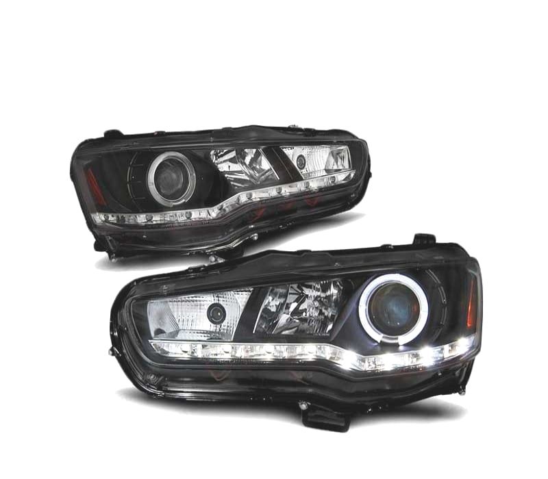 FARÓIS LED ANGEL EYES MITSUBISHI LANCER VIII 08- PRETO