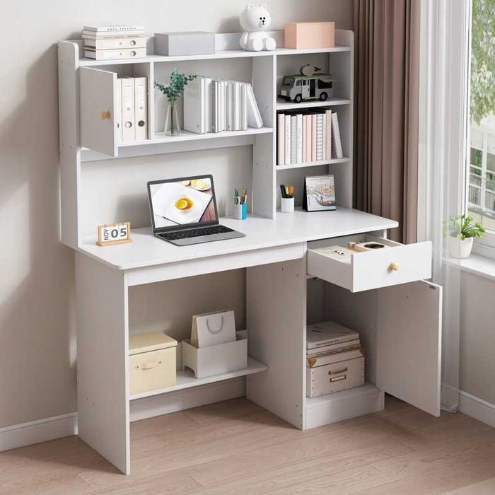 NOWE Biurko Gamingowe Komputerowe Białe Loft 120 cm z 7 Półkami Regał Pod Laptop PC Do Nauki Pracy Skandynawskie MDF Nowoczesne