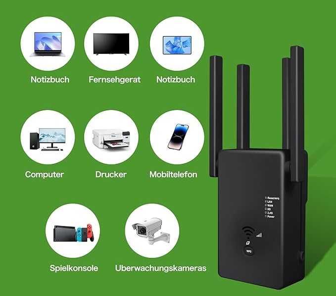 Wzmacniacz WiFi 1200Mbps Dual Band 2,4GHz 5GHz Repeater 4 Anteny Black