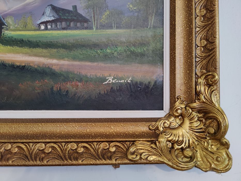 Obraz olejny sygnowany „Benoit” w pozłacanej ramie 96,5 × 56,5 cm