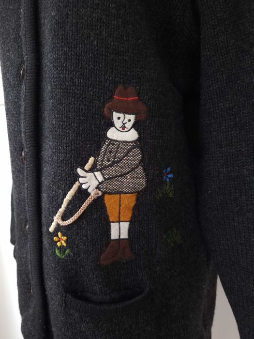 Damski Męski Sweter Kardigan Vintage Szary Czarny Haftowany Wełniany