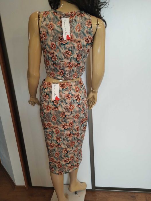 Komplet damski M crop top + spódnica midi kwiaty elastyczny letni boho