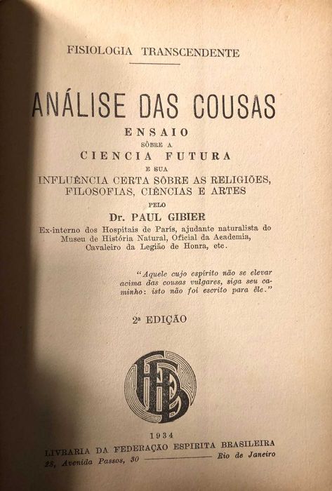 Livro “Análise das Cousas – Fisiologia Transcendente”: Dr. Paul Gibier