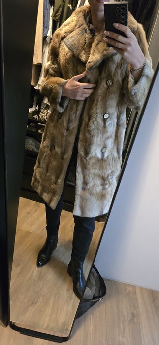 Futro naturalne beżowe oversize ciepłe, solidne retro UNIKAT