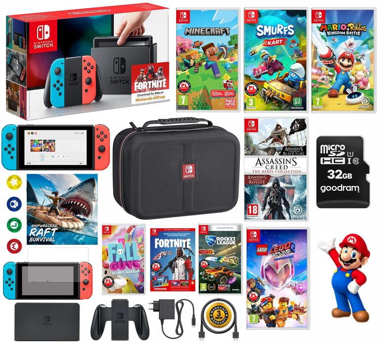 Nintendo SWITCH Neon 64GB + 10 gier + walizka XXL + szkło + gwarancja