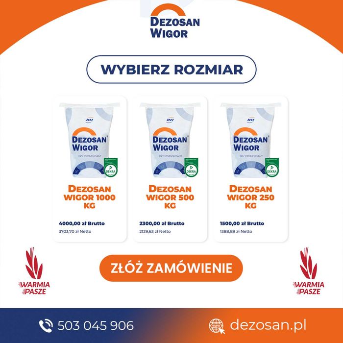Dezosan Wigor DARMOWA DOSTAWA Sucha Dezynfekcja ściółki 500 kg