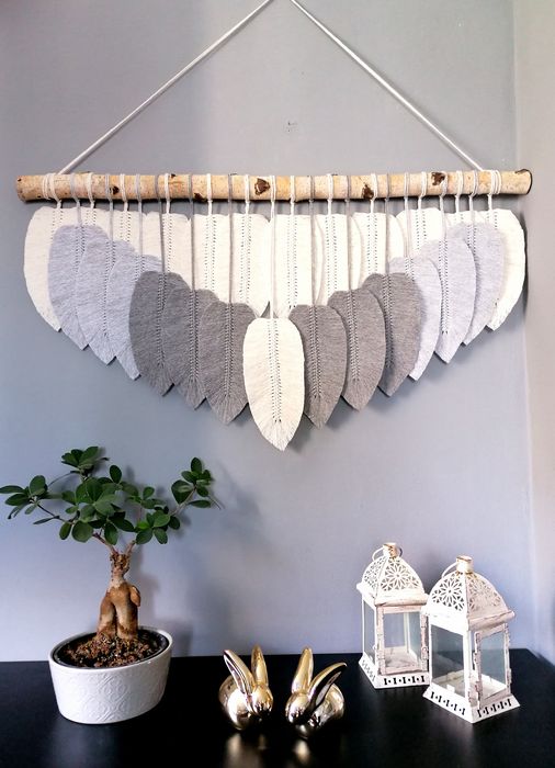 Makrama ścienna XXL Listki szare duże BOHO piórka