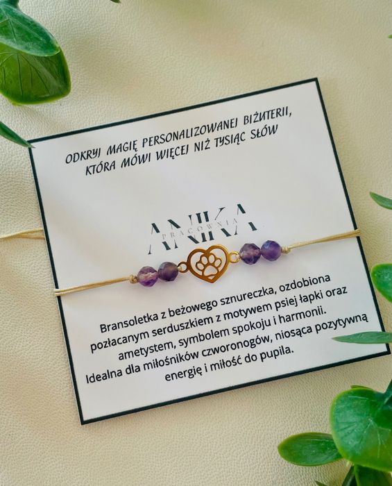 Bransoletka dla miłośników czworonogów – ametyst & pozłacane serduszko