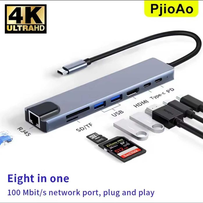 USB C Hub 8 In 1, Type C, 4K HDMI, RJ45 SD/TF