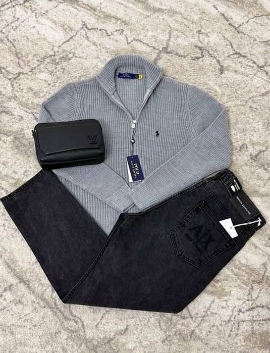 Чоловічий сет на осінь джинси armani, чоловічі джинси армани, зипка поло, кофта poli ralph lauren