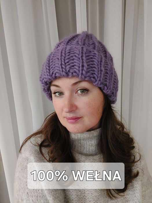 Nowa czapka wełniana handmade lawenda fiolet
