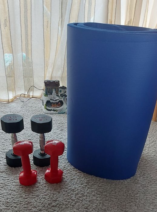 Conjunto de halteres, colchonete e suplementos limentar