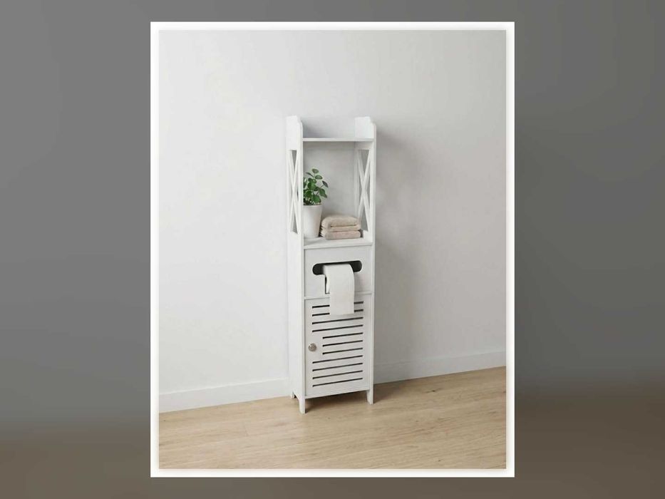 Nowa Szafka Łazienkowa Stojąca 80 cm Słupek na Klucz Uchwyt na Papier Biała Regał WPC