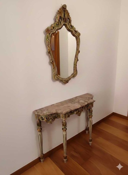 Conjunto Consola/Credência em Mármore e Espelho em Madeira Maciça