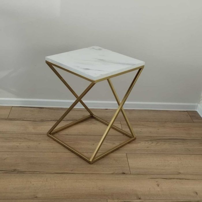 Stolik kawowy nocny złoty zygzak biały blat