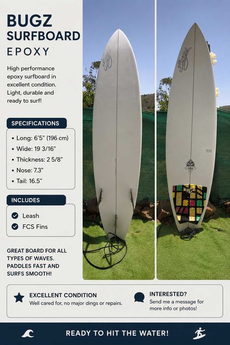 Prancha de Surf 6.5 Epoxy+ Quilhas FCS+ Leash Decathlon+ Deck.