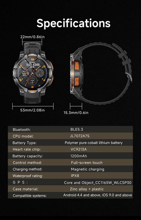 Тактичний смарт годинник T-REX Military Grade, GPS + Compass, OFFLINE MAPS, Батарея 1200 mAh