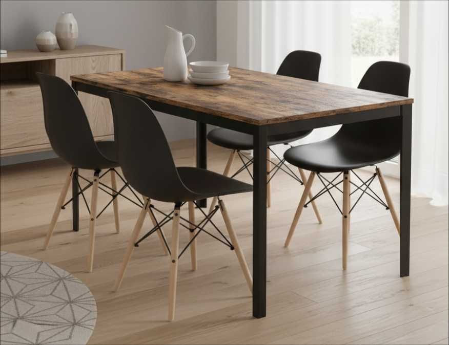 NOWY Stół z Krzesłami Czarny Loft do Kuchni Salonu Jadalni Drewniany