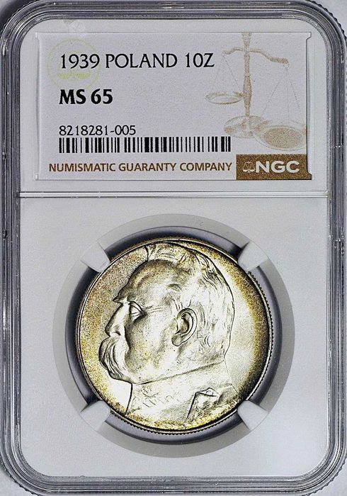 10 złotych 1939, Piłsudski, WYŚMIENITY MS65