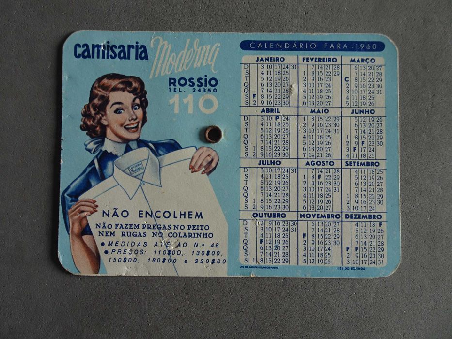 Antigo calendário rotativo da Camisaria Moderna 1960 Rossio