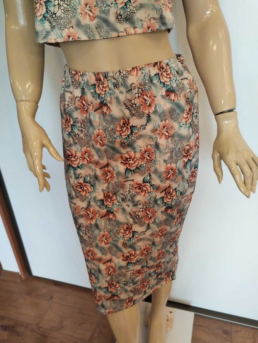 Komplet damski M crop top + spódnica midi kwiaty elastyczny letni boho