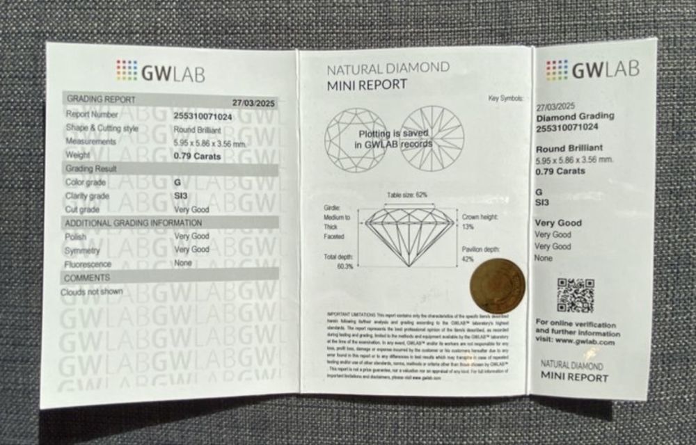 Diament naturalny 0.79 ct Round-G-Si3 GWLAB wycena 2700€