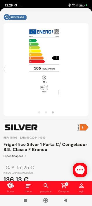 Frigorífico de 1 porta Silver