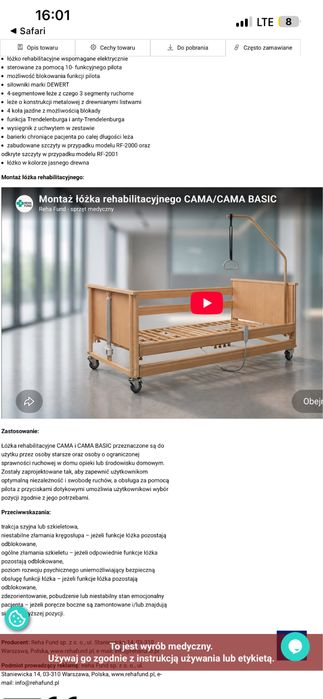 Elektryczne łóżko rehabilitacyjne CAMA BASIC Reha Fund RF-2001 NOWE