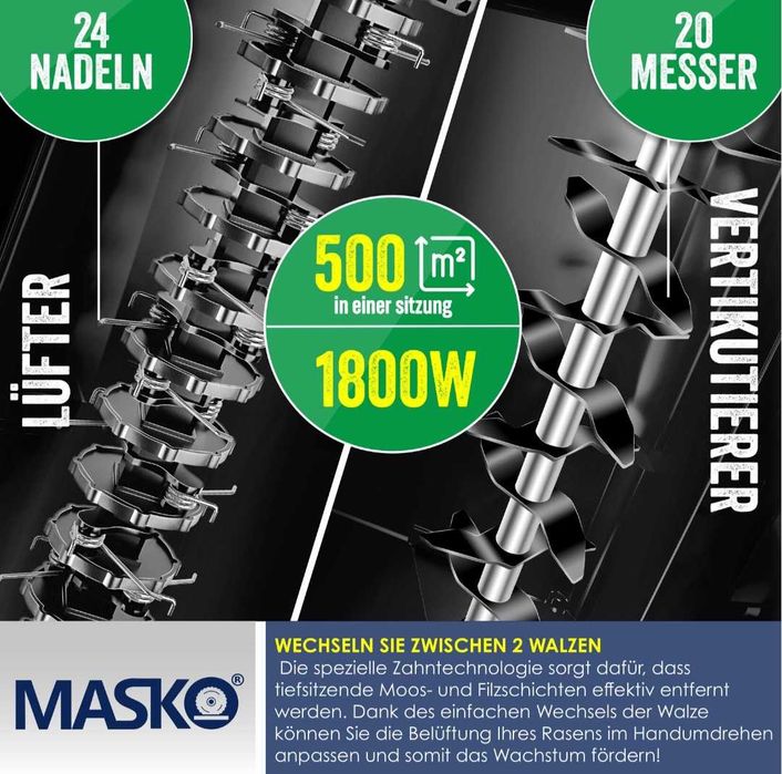 Elektryczny wertykulator 2w1 napowietrzacz trawy 1800W szer robocza 40