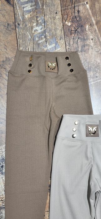 2 pary legginsy prążek beżowe brązowe ptaszki premium S