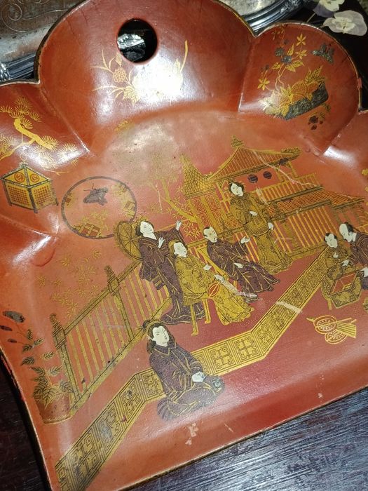 Apanha Migalhas escova Madeira Lacada Papel Machê China Séc XIX 34 cm