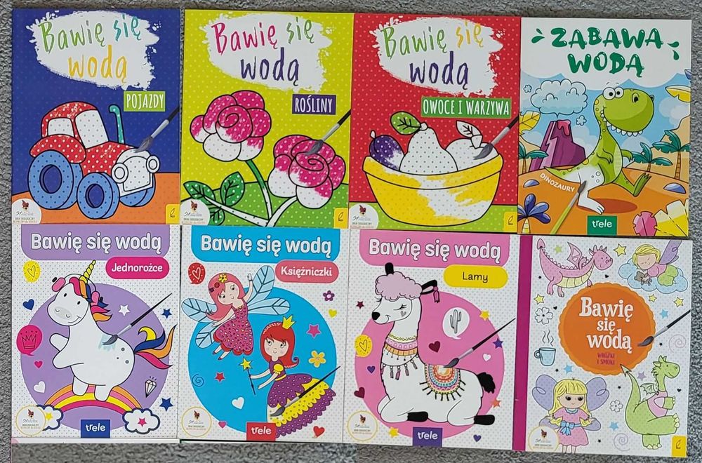 Kolorowanki wodne Bawię się wodą Pojazdy Pandy Lamy Jednorożce Księżniczki Rośliny Owoce Dinozaury